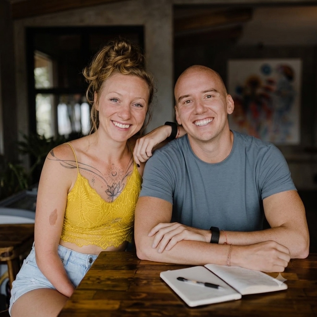 Dave and Blossom, the founders of The Other Way, smiling together at a wooden table